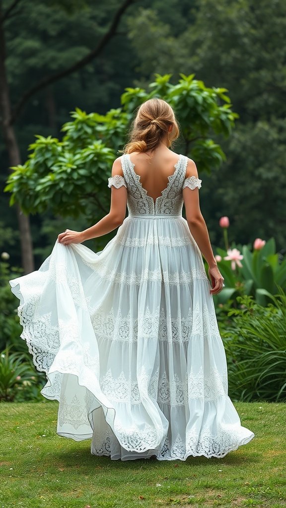A woman in a bohemian style maxi wedding dress with lace details, standing in a garden, showcasing a romantic look.