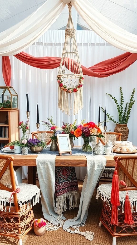 A beautifully decorated table for a boho chic bridal shower featuring flowers, macrame, and earthy tones.