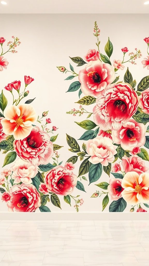 35 Stunning Wedding Wallpaper Ideas to Transform Your Venue A wall featuring bold floral murals with pink and peach flowers surrounded by green leaves.