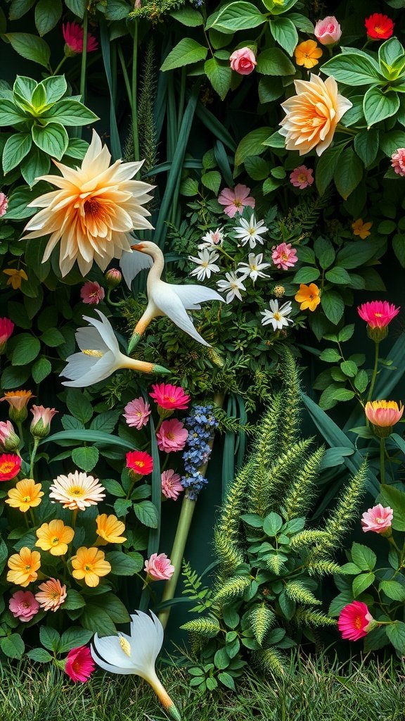 35 Stunning Wedding Wallpaper Ideas to Transform Your Venue A vibrant botanical print featuring various flowers, greenery, and a white swan.