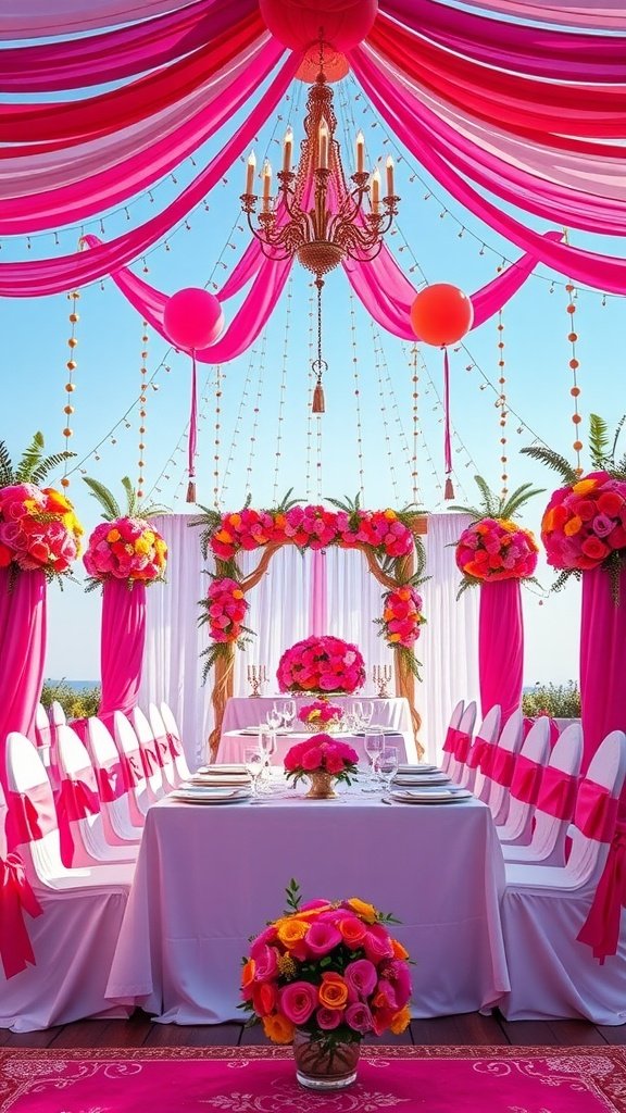 35 Stunning Wedding Wallpaper Ideas to Transform Your Venue Colorful wedding decor with pink and orange drapes and floral arrangements