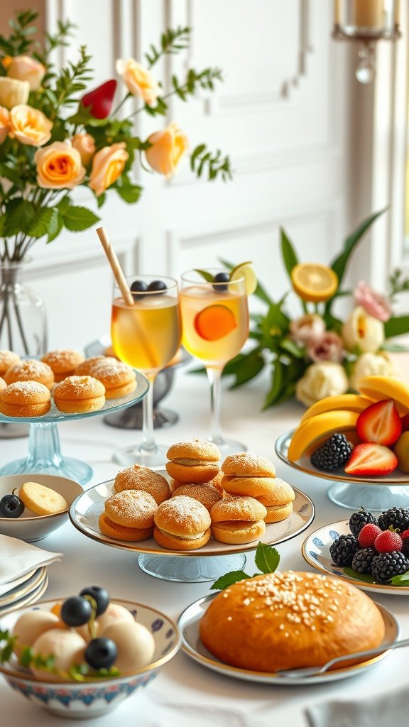 A beautifully arranged brunch buffet featuring pastries, fruits, and drinks, perfect for a bridal shower.