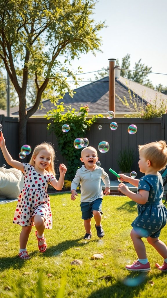 Children playing with bubbles in a sunny backyard