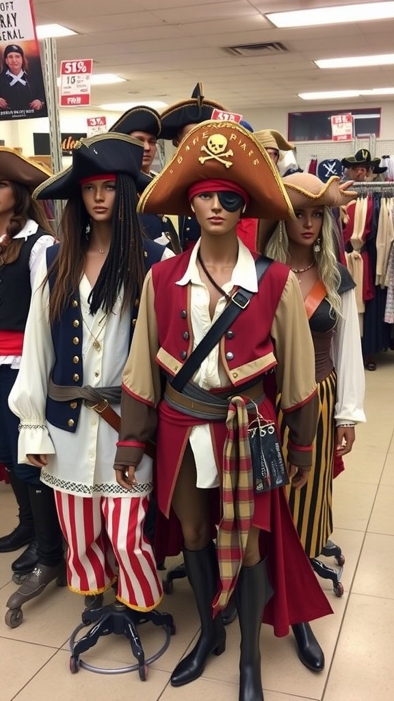 Several pirate costumes displayed on mannequins, showcasing various styles and accessories.