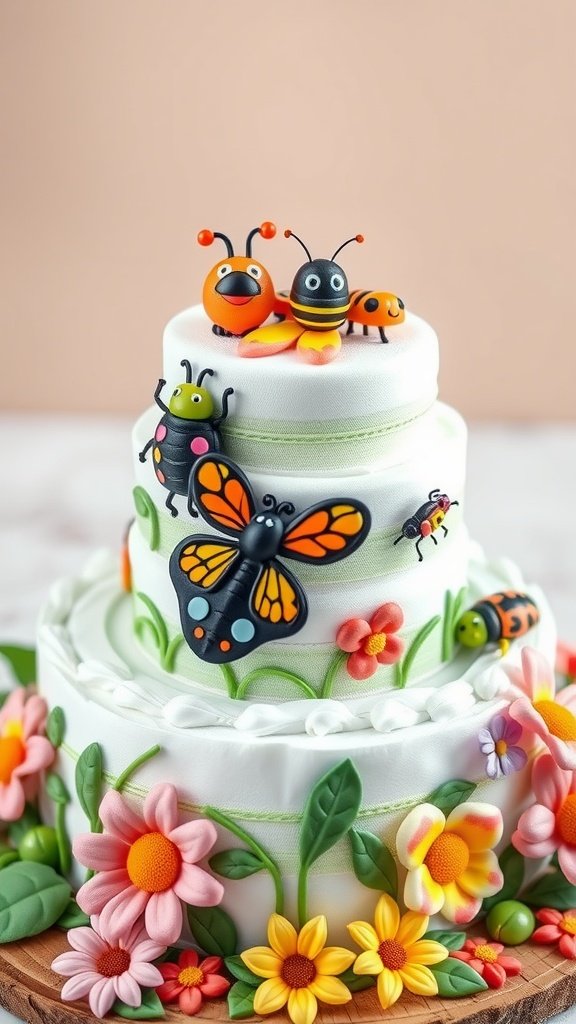 A three-tiered diaper cake decorated with colorful bugs and flowers, perfect for a baby boy celebration.