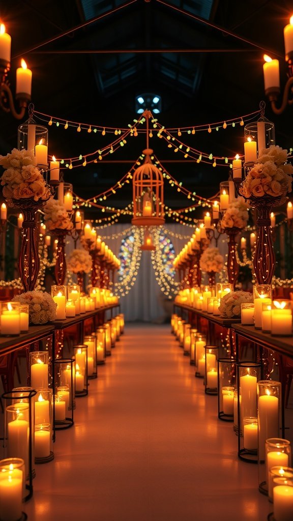 A beautifully decorated wedding aisle with candles and fairy lights