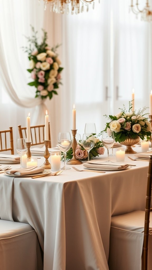 Romantic wedding table setting with candles, flowers, and elegant decor