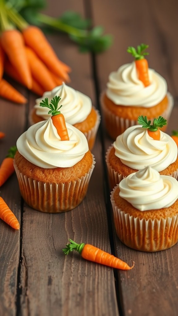 Carrot cake cupcakes with cream cheese frosting decorated with mini carrots on top