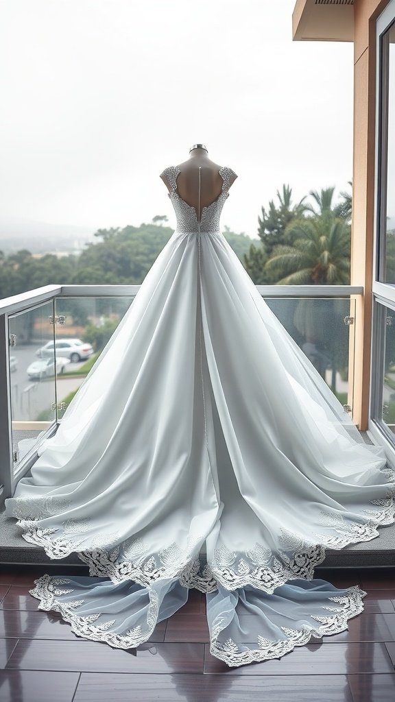 A romantic wedding dress with a cascading train and lace detailing, displayed on a mannequin.