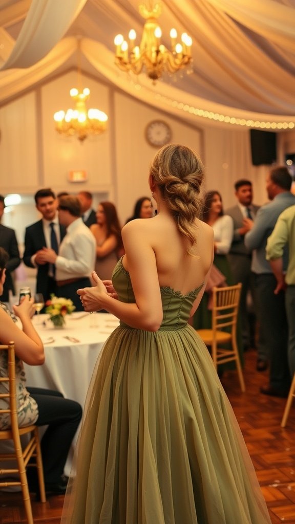 A woman in an olive green dress enjoys a wedding celebration, surrounded by guests in a beautiful venue.