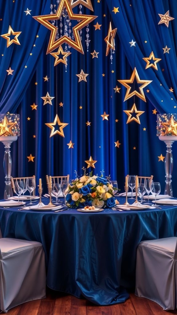 A romantic wedding table setting with a celestial theme featuring a blue tablecloth, gold star decorations, and a floral centerpiece.