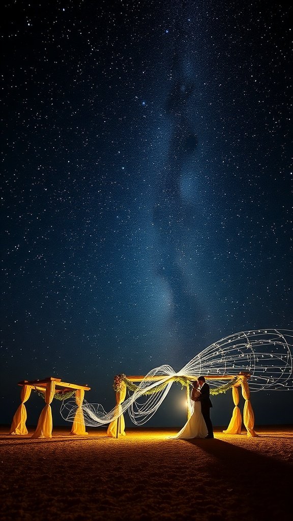 35 Stunning Wedding Wallpaper Ideas to Transform Your Venue A couple embracing under a starry night sky with an elegantly decorated altar.