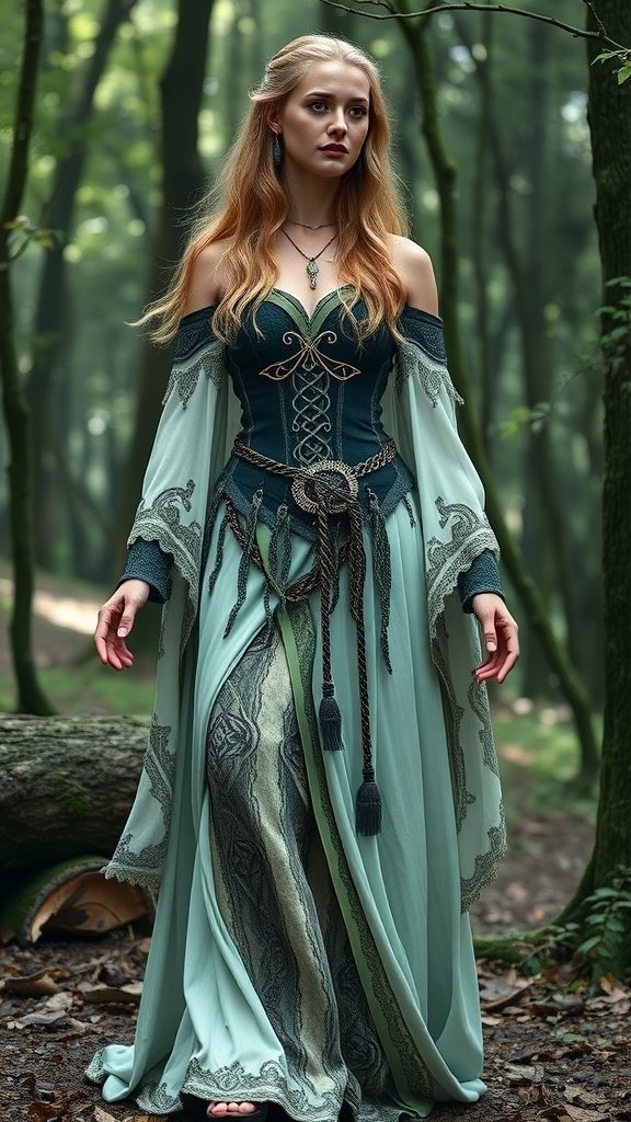 A model wearing a Celtic Goddess outfit, featuring a flowing gown with intricate designs, set in a forest background.
