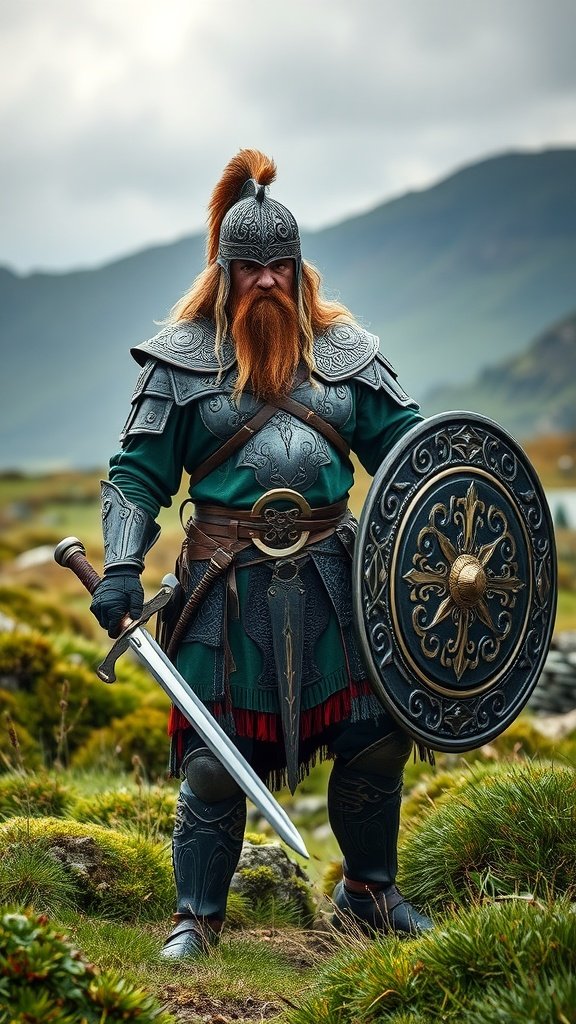 A person dressed as a Celtic warrior in a green costume, holding a sword and shield, set against a scenic landscape.