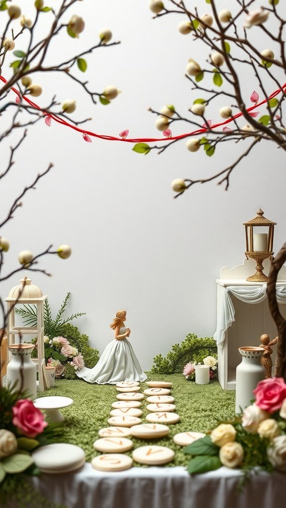 A romantic wedding setup featuring ceramic and clay decor with flowers, greenery, and a bride figurine.