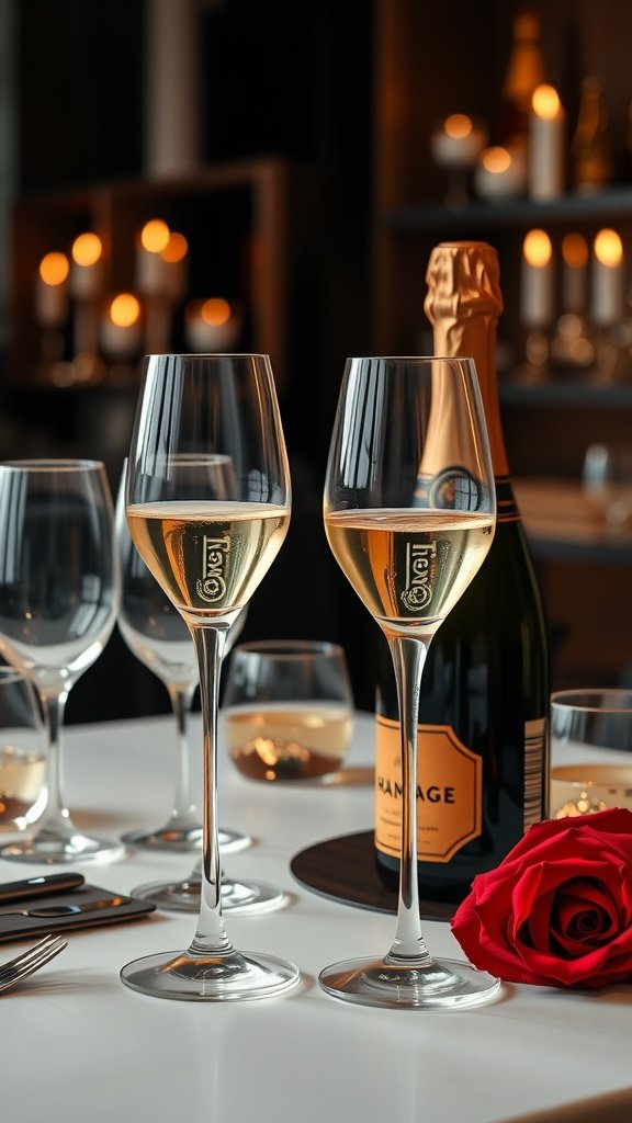 Two champagne glasses with a bottle of champagne and a rose, set in a warm, candlelit atmosphere.