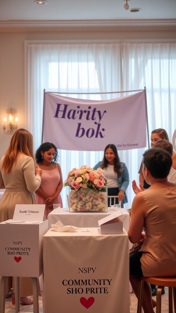 Guests participating in a charity bridal shower event, engaging with a floral centerpiece and donation boxes.