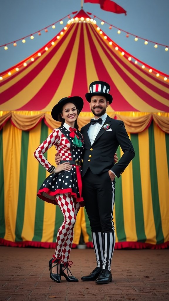 A couple dressed as circus performers standing in front of a colorful striped circus tent.