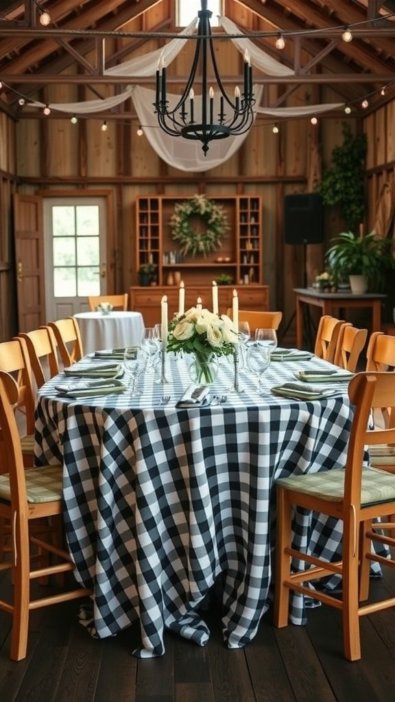A rustic wedding table setting with a black and white checkered tablecloth, wooden chairs, elegant glassware, and a floral centerpiece.