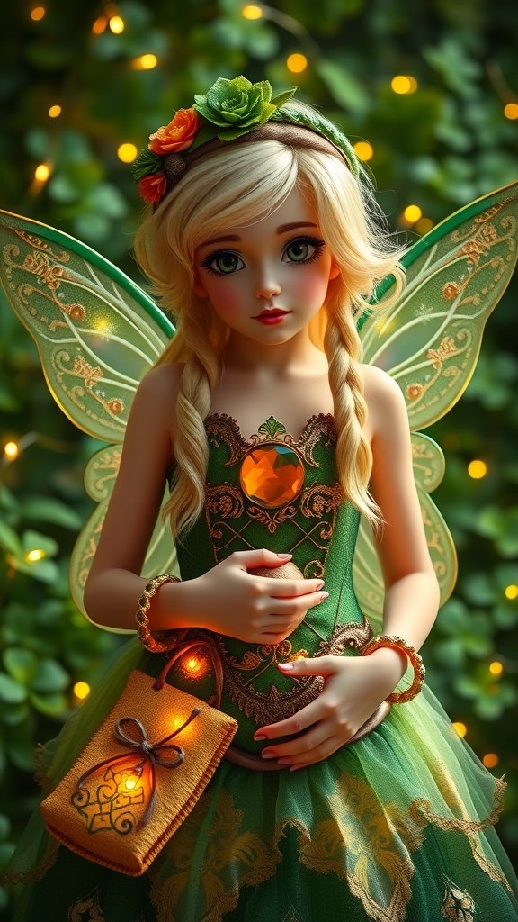 A charming Irish fairy costume featuring a green dress, elegant wings, and a floral headband, set against a backdrop with softly glowing lights.