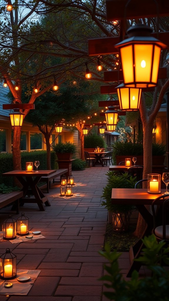 Outdoor area decorated with charming lanterns and candlelight for a romantic wedding setting.