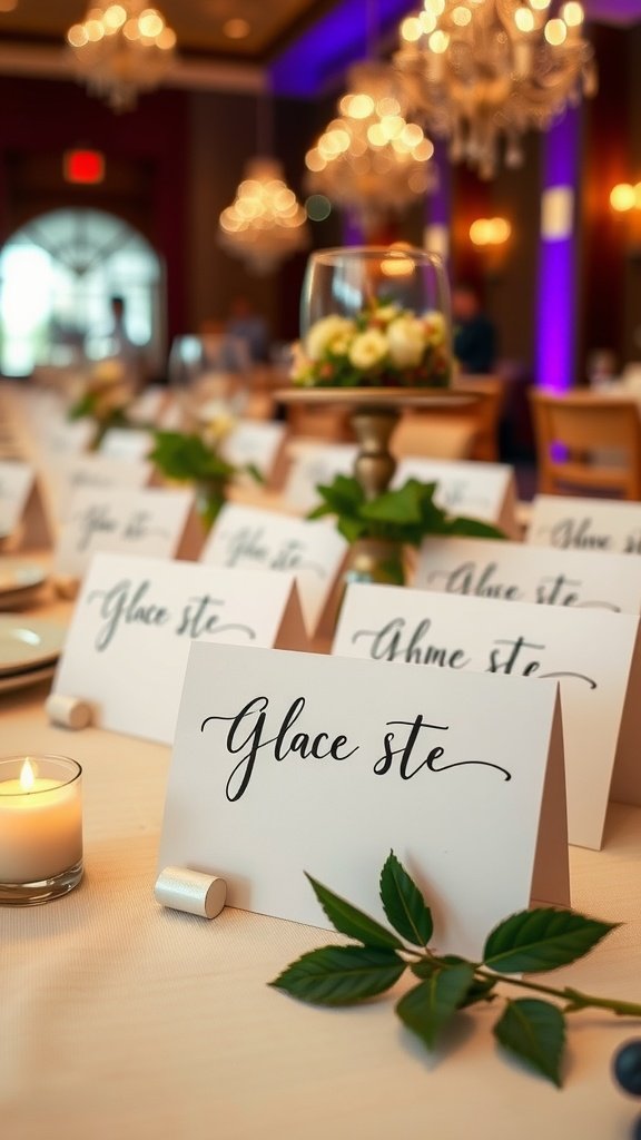 Elegant place cards with handwritten names on a beautifully set table for a bridal shower.