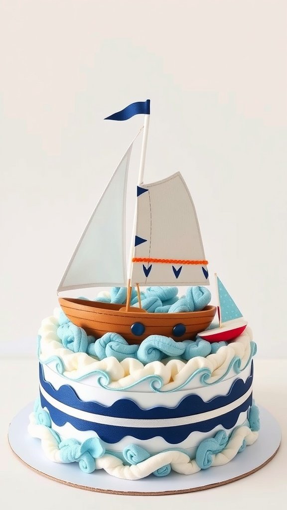 A charming sailboat diaper cake with blue and white waves and a decorative sailboat on top.