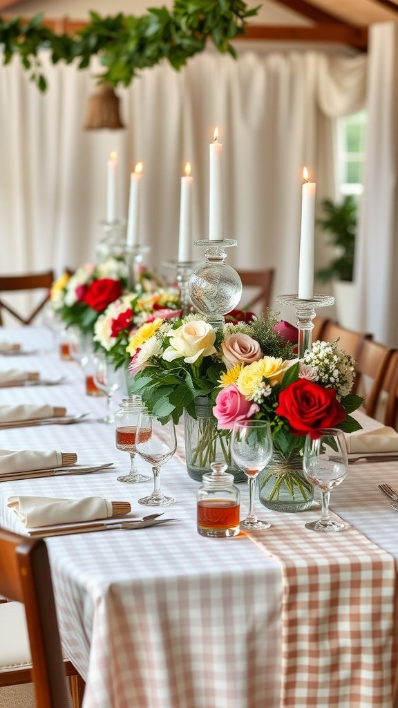 A romantic wedding table setting featuring floral arrangements, candles, and checkered tablecloth.