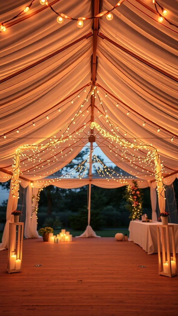 A beautifully decorated tent with string lights and soft fabric, creating a warm and inviting atmosphere.
