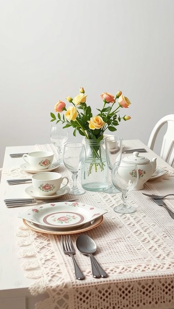 Vintage table settings with floral china, glassware, and roses