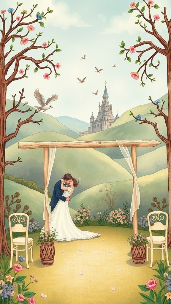 35 Stunning Wedding Wallpaper Ideas to Transform Your Venue A whimsical illustration of a couple kissing under a wooden arch surrounded by flowers, with hills and a castle in the background.