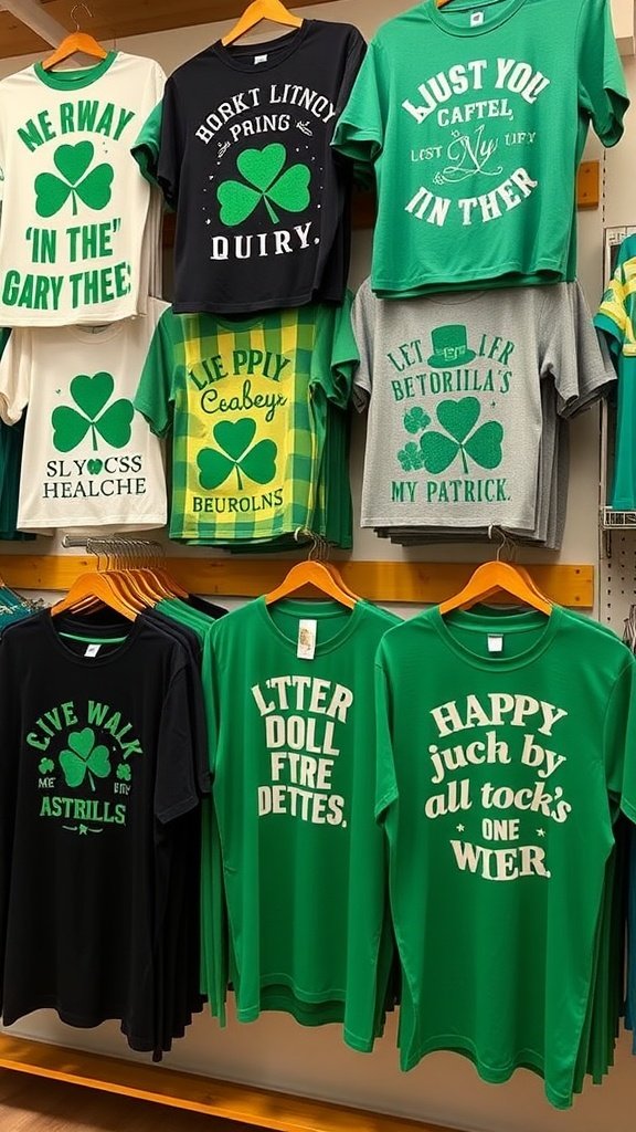 A selection of cheerful St. Patrick's Day t-shirts in various colors and designs, featuring clover graphics and playful phrases.