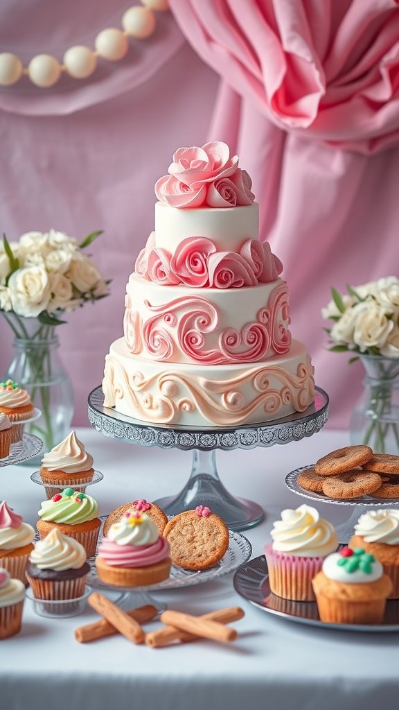 A beautifully arranged dessert table featuring a multi-tiered pink cake, cupcakes, cookies, and floral decorations.