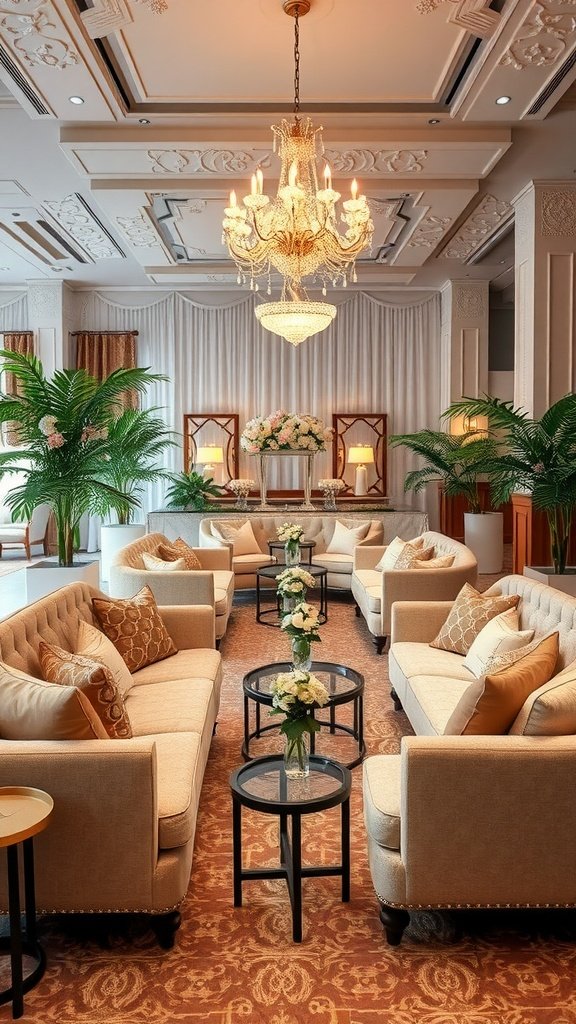 Chic lounge area with light-colored couches, decorative pillows, a chandelier, and floral arrangements for a romantic wedding decor.