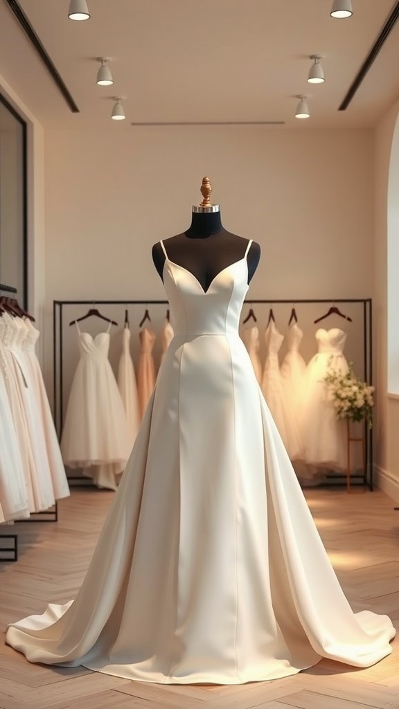 A chic minimalist wedding dress displayed on a mannequin in a bridal shop, featuring a simple neckline and flowing fabric.