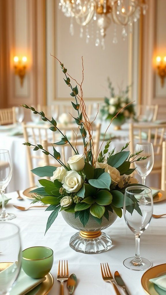 Chic sage green centerpiece with white roses and greenery on elegantly set table