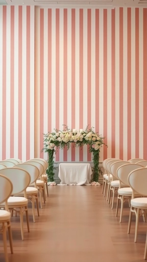 35 Stunning Wedding Wallpaper Ideas to Transform Your Venue Ceremony setup with chic pink striped wallpaper and floral decoration