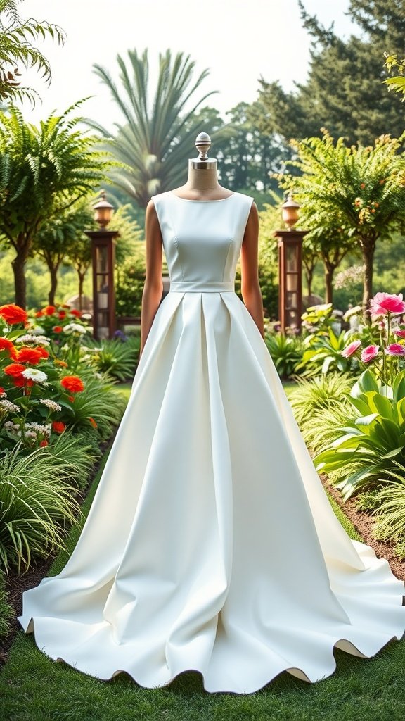 A chic white two-piece wedding dress displayed in a garden setting.