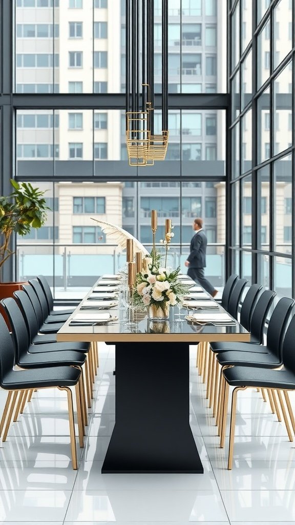 A stylish wedding table setting in an urban space, featuring a glossy black table, gold accents, and a floral centerpiece.