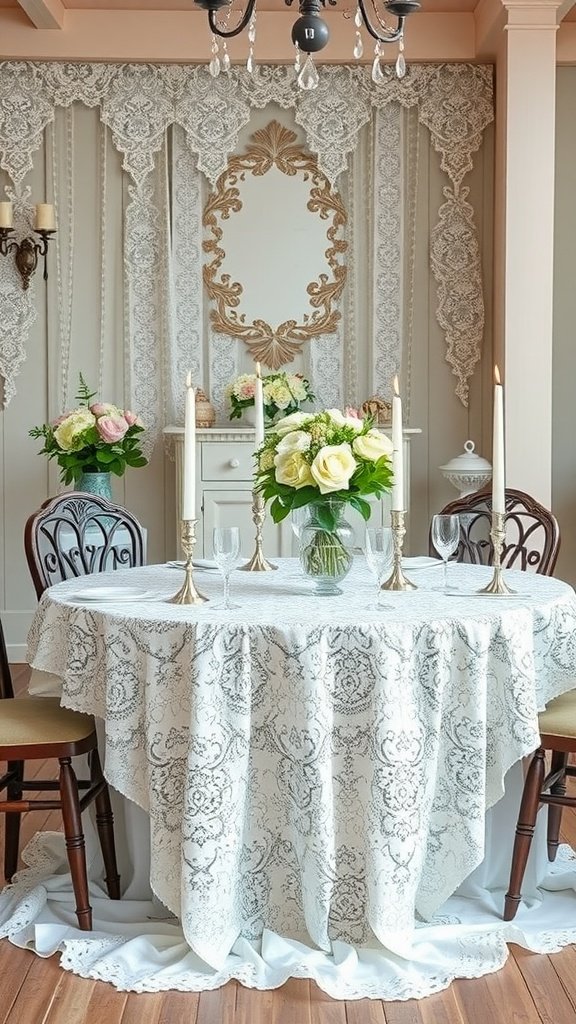 A vintage wedding table setting with a lace tablecloth, floral arrangements, and elegant candles.
