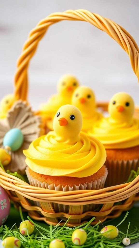 Chickadee cupcakes with yellow frosting and chick decorations in a basket.