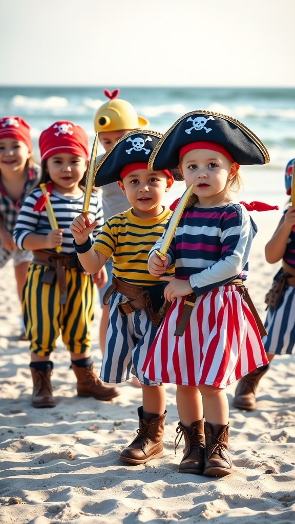 A group of children in colorful pirate costumes playing at the beach.