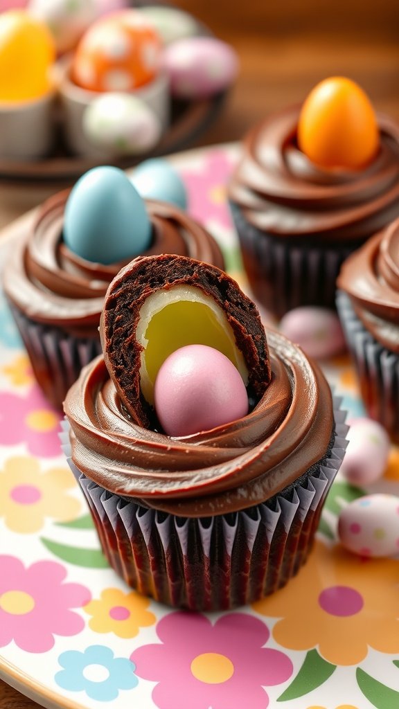 Delicious chocolate cupcakes filled with surprise mini eggs, decorated with rich chocolate frosting.