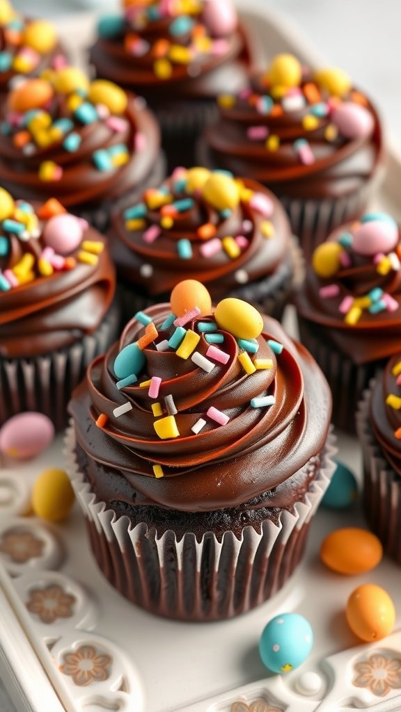 Delicious chocolate ganache cupcakes topped with colorful Easter sprinkles.