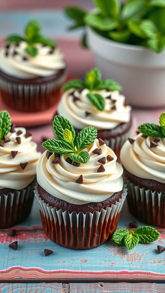 Delicious chocolate mint cupcakes topped with creamy frosting, Andes candies, and fresh mint leaves.