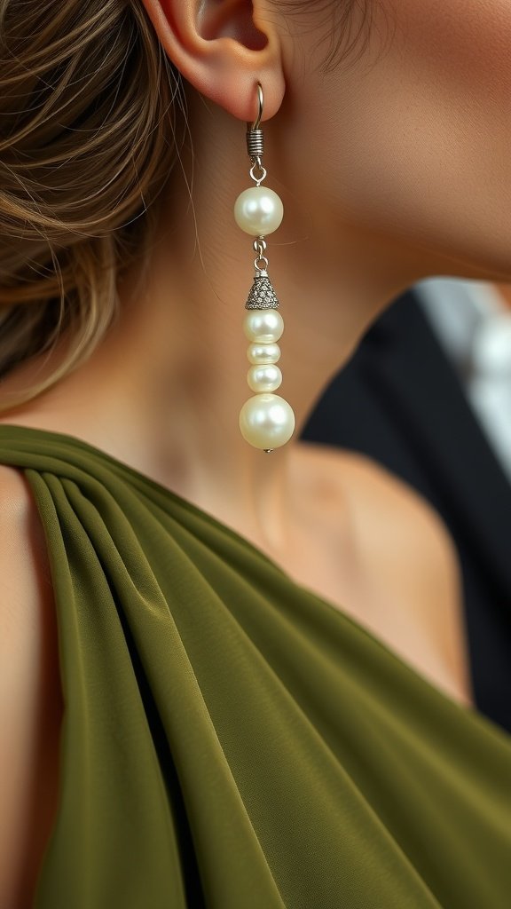 A close-up of a woman wearing pearl earrings with an olive green dress.