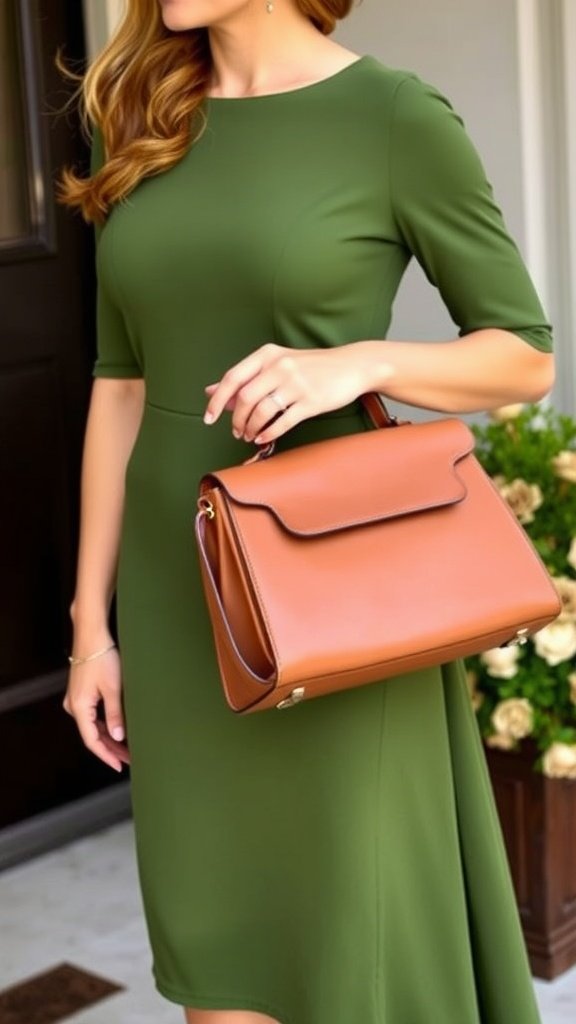 A woman in an olive green dress holding a stylish brown handbag at a wedding.
