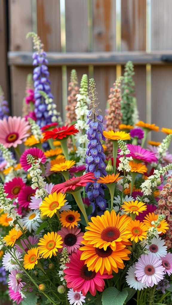 A vibrant bouquet of mixed wildflowers including daisies, delphiniums, and Gerbera daisies in various colors.