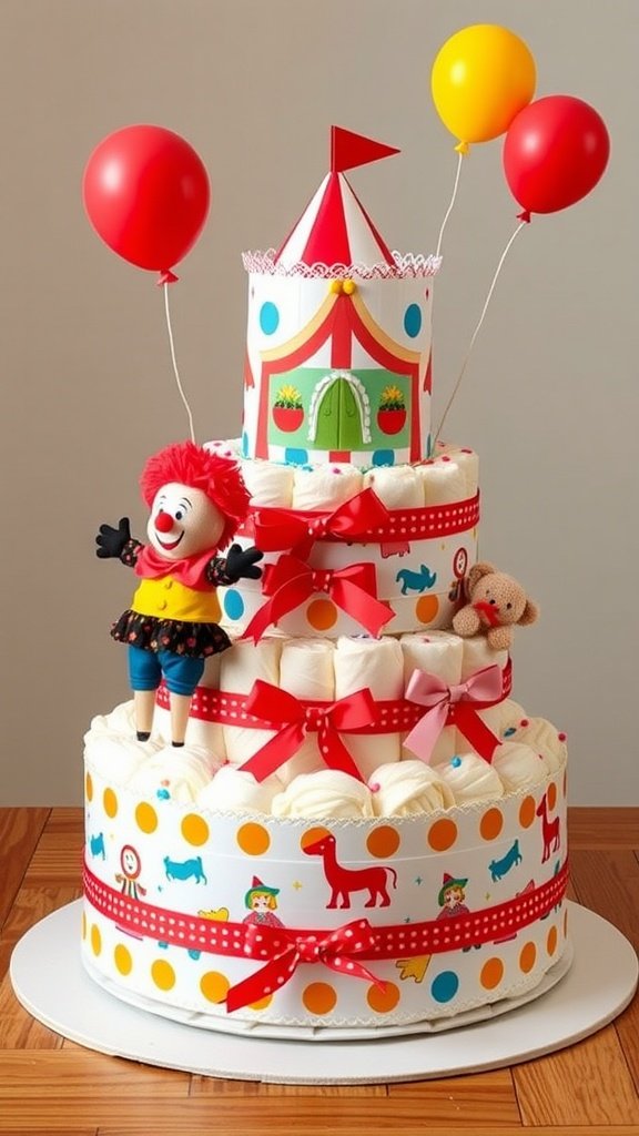 Circus-themed diaper cake for a baby boy featuring colorful balloons, a clown, and teddy bear.