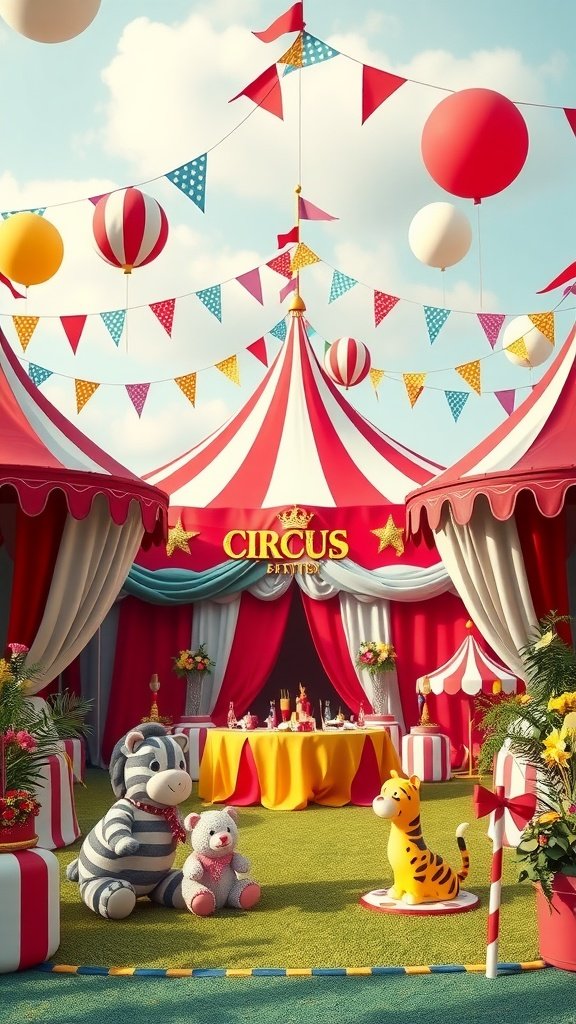 Colorful circus-themed birthday party setup with plush toys and a festive table.
